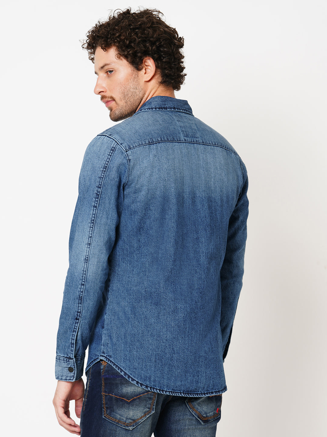 Med Blue Full Sleeve Denim Zipper Shacket Shirt (Shacket Regular)