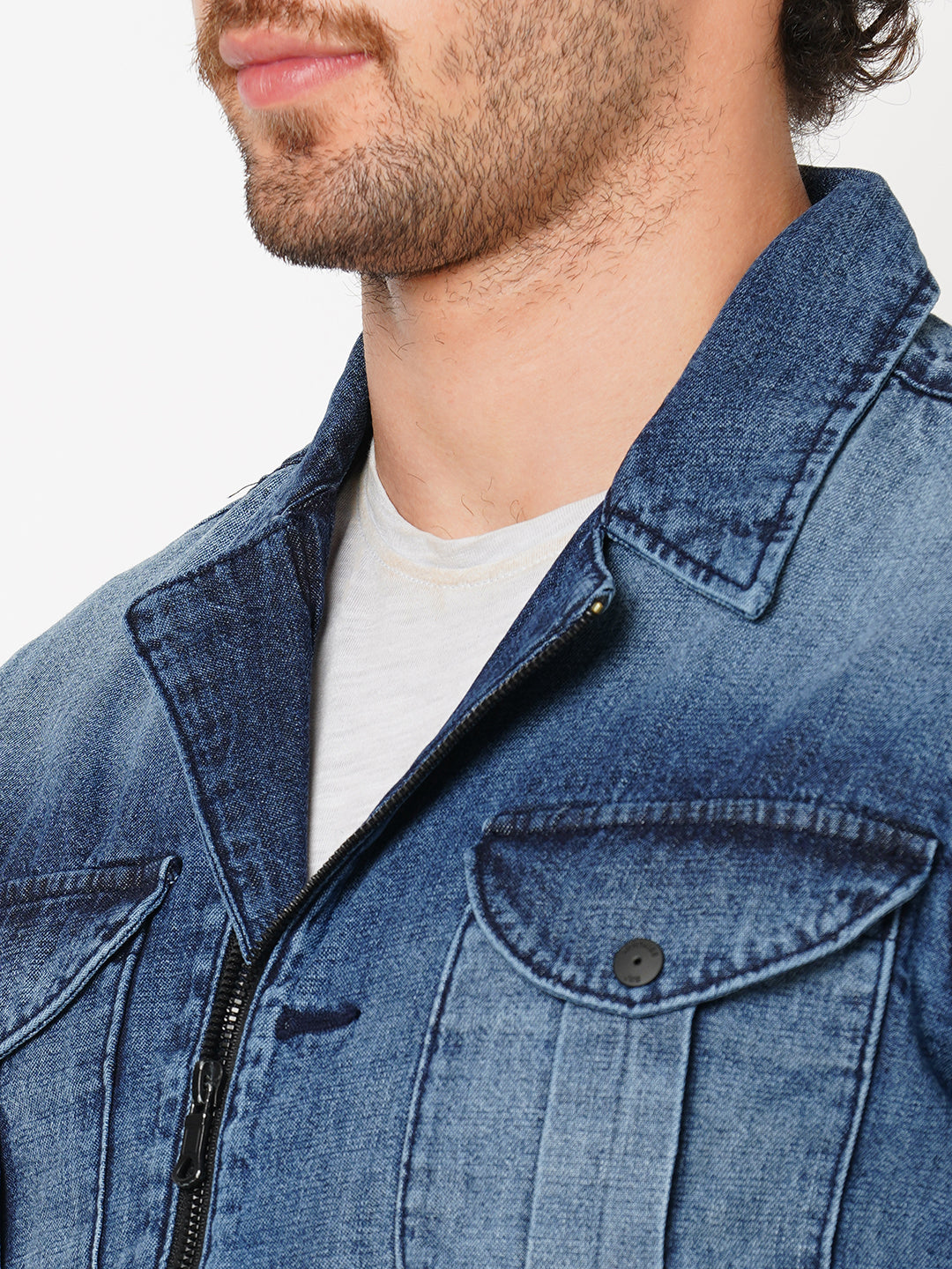 Med Blue Full Sleeve Denim Zipper Shacket Shirt (Shacket Regular)