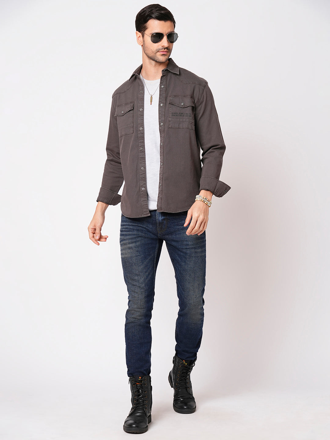 Charcoal Full Sleeve Solid Shacket Shirt (Shacket Regular)