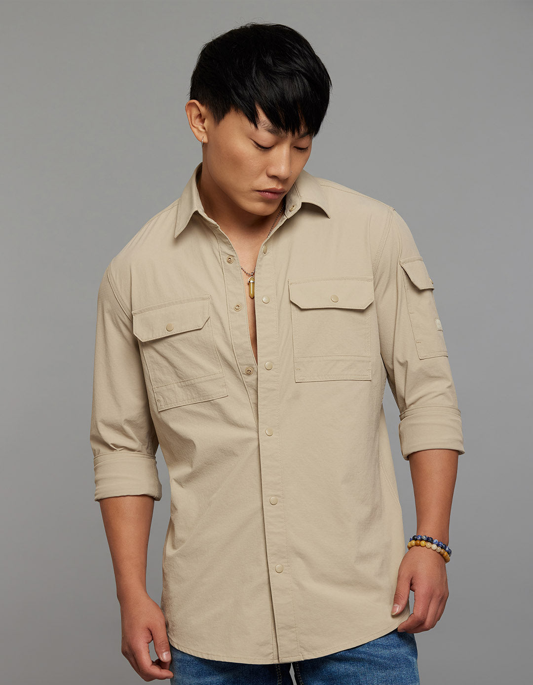 Light Khaki Full Sleeves Cargo Shirt 