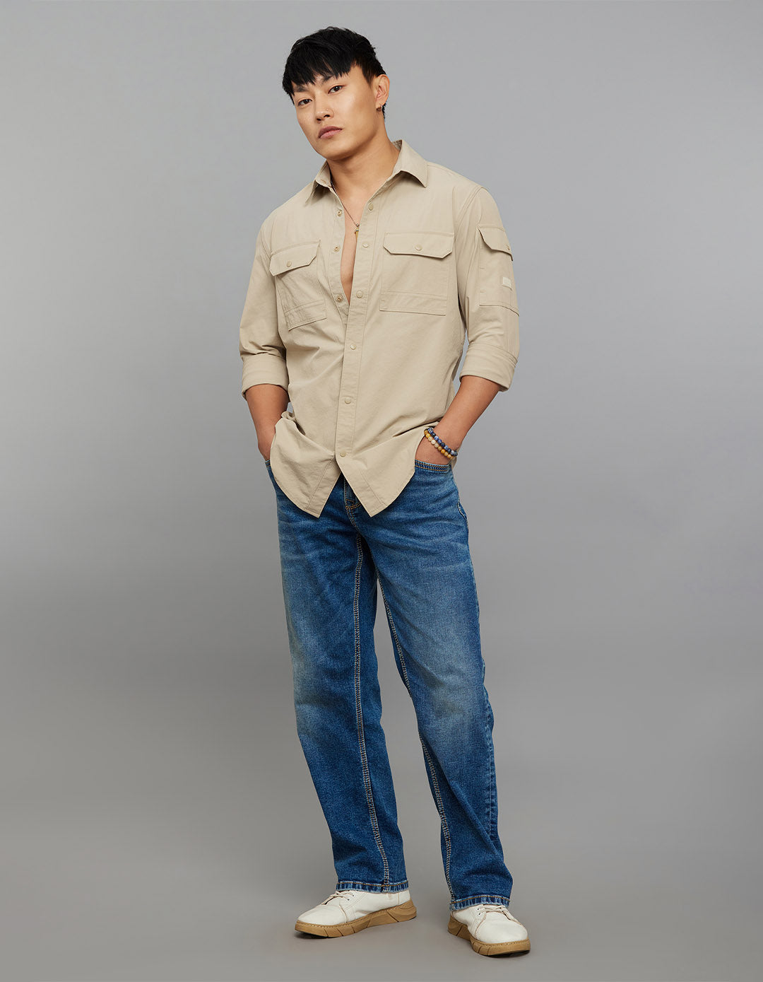 Light Khaki Full Sleeves Cargo Shirt 