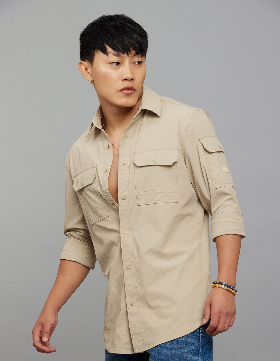 Light Khaki Full Sleeves Cargo Shirt 