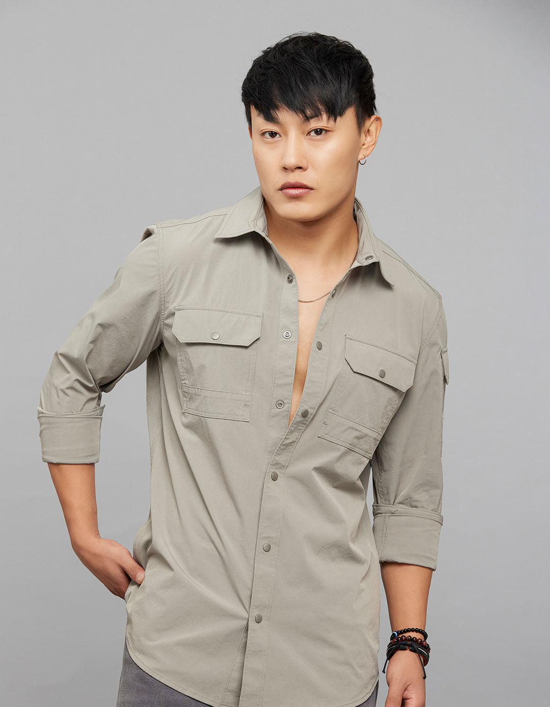 Light Grey Full Sleeves Cargo Shirt 