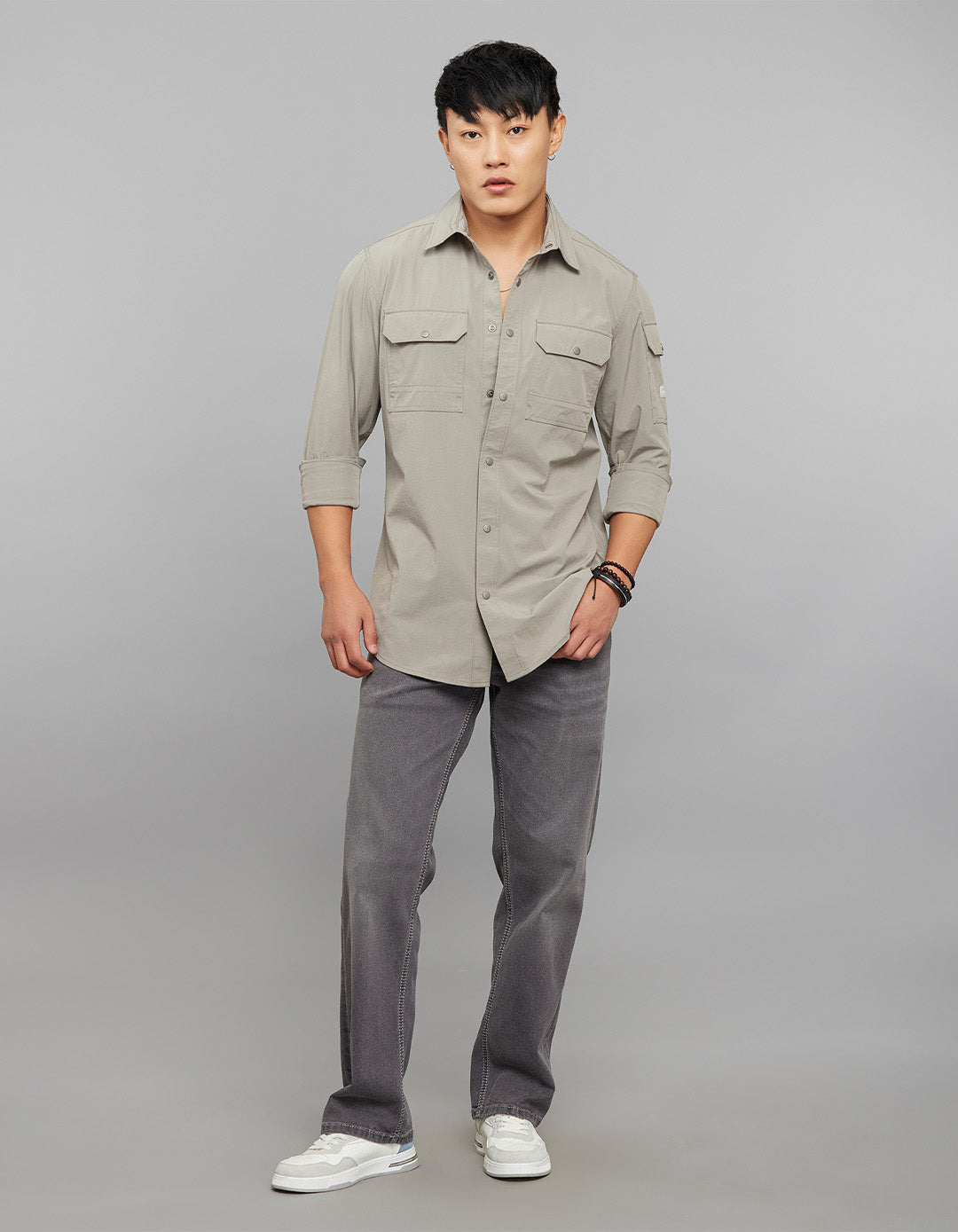 Light Grey Full Sleeves Cargo Shirt 