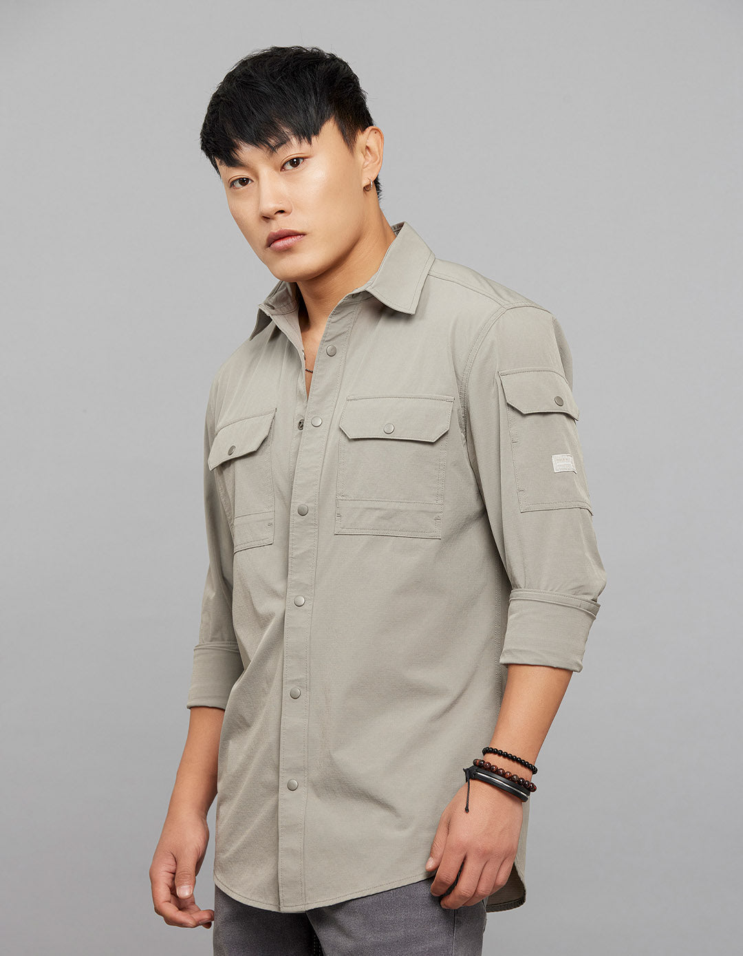 Light Grey Full Sleeves Cargo Shirt 