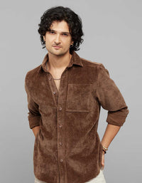 Brown Full Sleeves Button Front Closure Shacket 