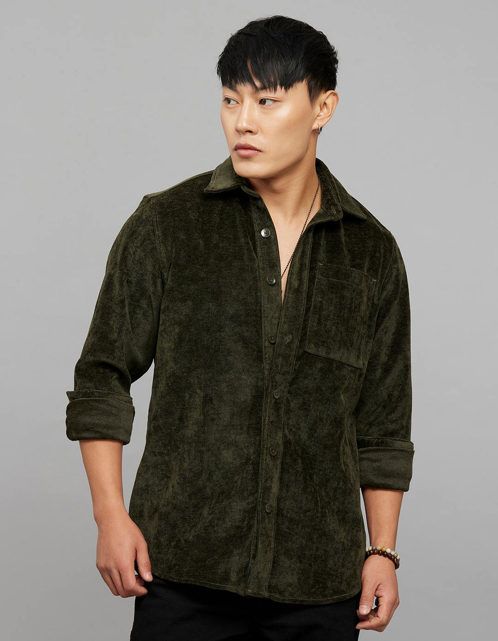 Military Green Full Sleeves Button Front Closure Shacket 