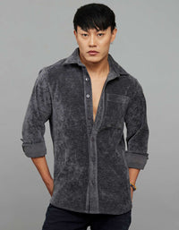 Dark Grey Full Sleeves Button Front Closure Shacket 