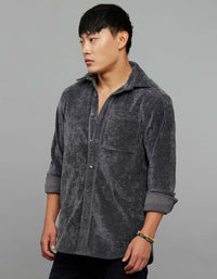 Dark Grey Full Sleeves Button Front Closure Shacket 