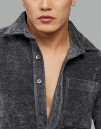 Dark Grey Full Sleeves Button Front Closure Shacket 