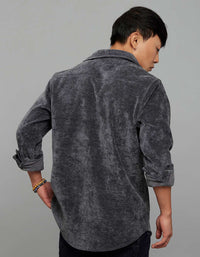 Dark Grey Full Sleeves Button Front Closure Shacket 
