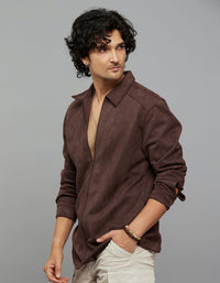 Coffee Full Sleeves Zipper Front Closure Shacket 