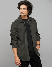 Military Green Full Sleeves Zipper Front Closure Shacket 