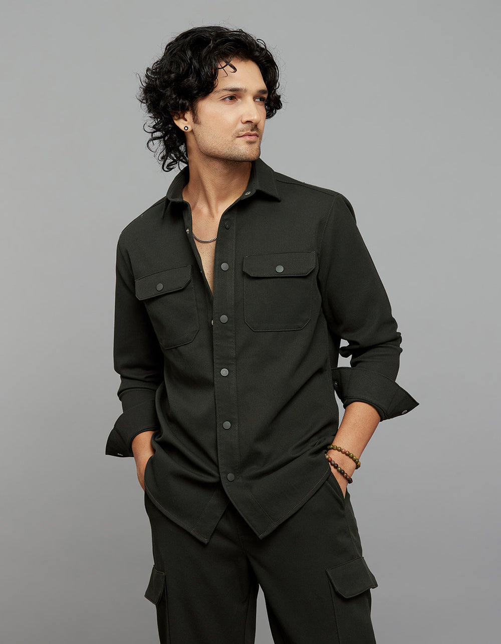 Bottle Green Full Sleeves Snap Button Front Closure Shacket 