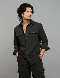 Bottle Green Full Sleeves Snap Button Front Closure Shacket 