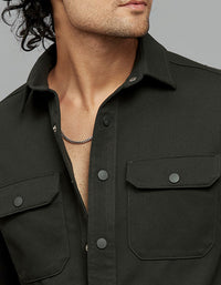 Bottle Green Full Sleeves Snap Button Front Closure Shacket 
