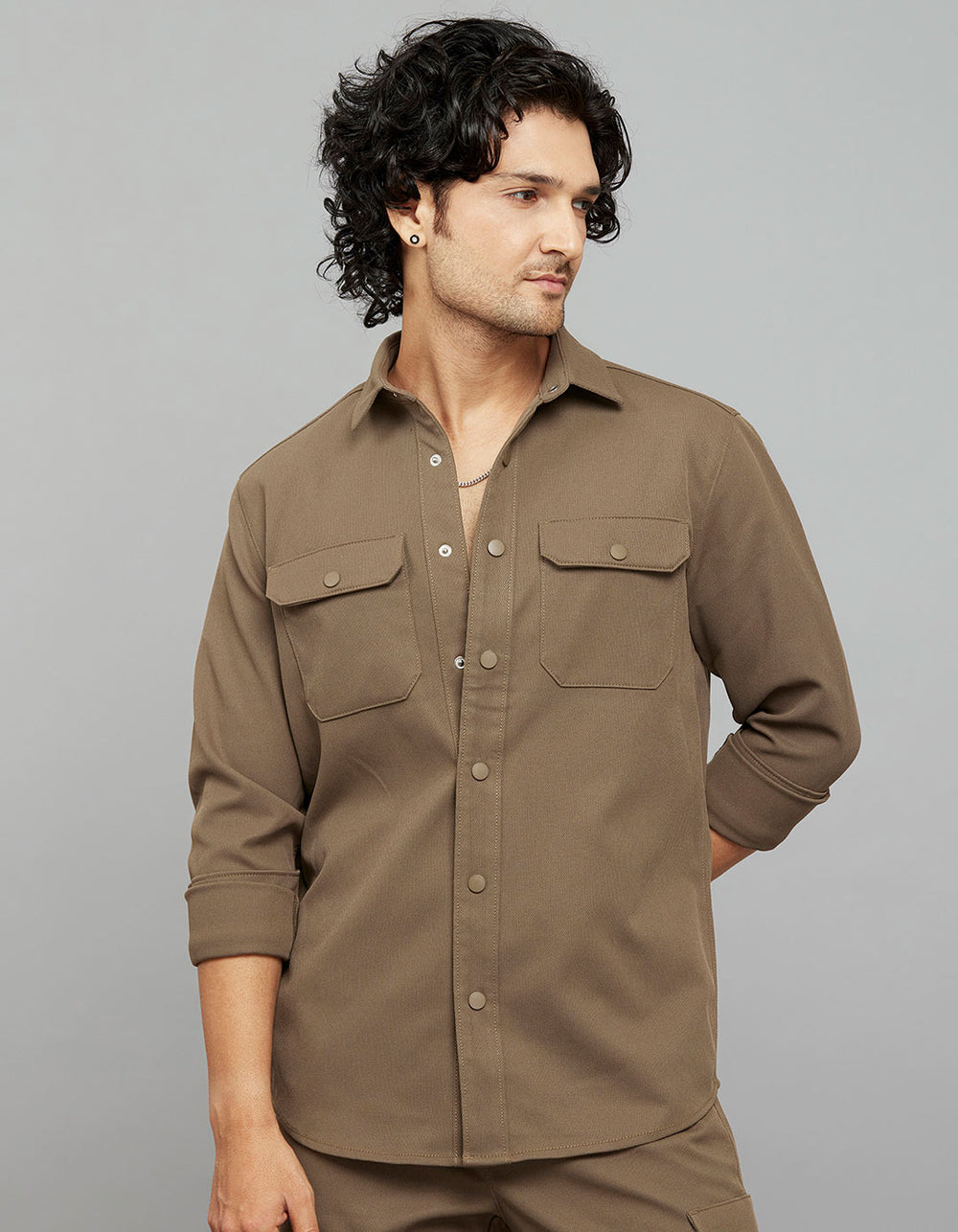 Khaki Full Sleeves Snap Button Front Closure Shacket 