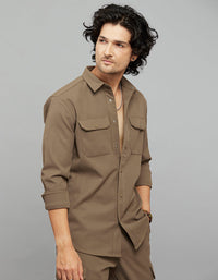 Khaki Full Sleeves Snap Button Front Closure Shacket 