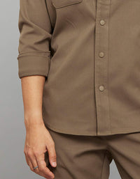 Khaki Full Sleeves Snap Button Front Closure Shacket 