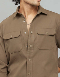 Khaki Full Sleeves Snap Button Front Closure Shacket 