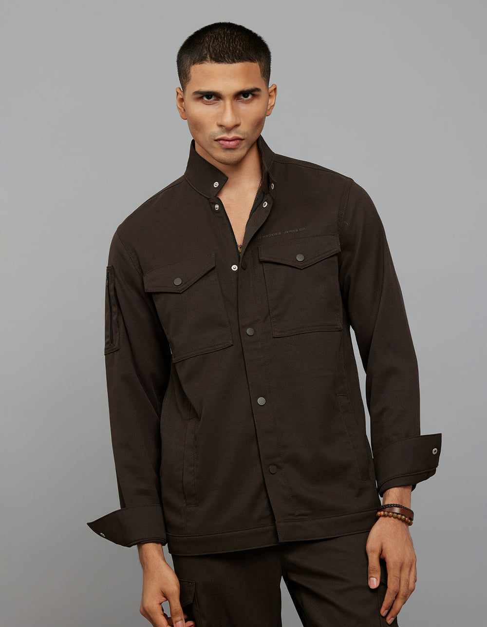 Dark Brown Full Sleeves Snap Button Front Closure Shacket 