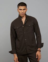 Dark Brown Full Sleeves Snap Button Front Closure Shacket 