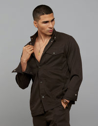 Dark Brown Full Sleeves Snap Button Front Closure Shacket 