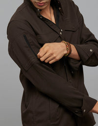 Dark Brown Full Sleeves Snap Button Front Closure Shacket 