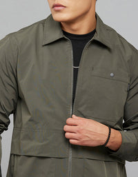 Military Green Full Sleeves Zipper Front Closure Shacket 