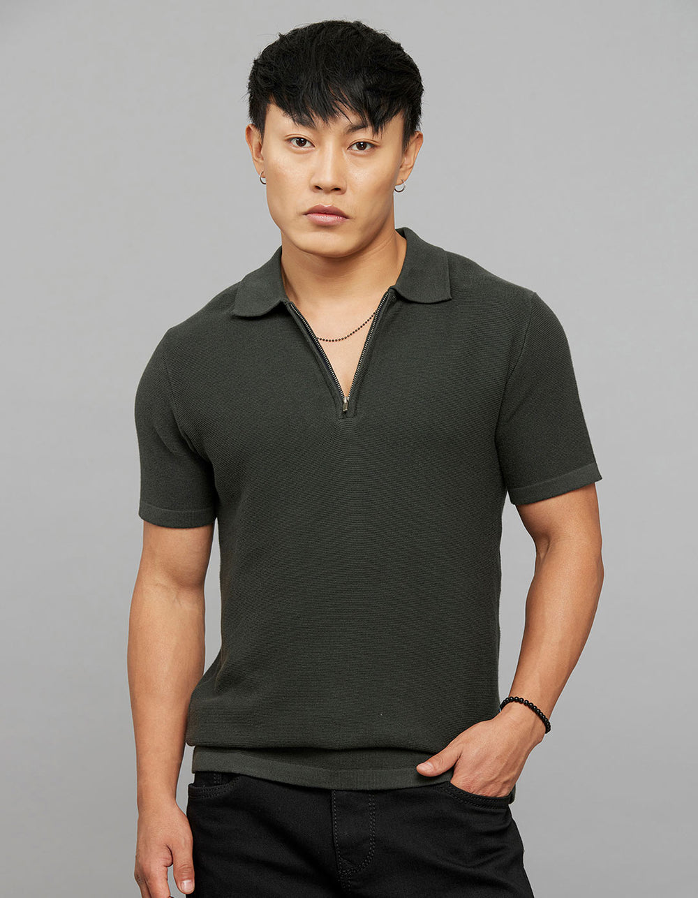 Dark Green Polo Neck Half Sleeves Flatknit Half Zipper Front
