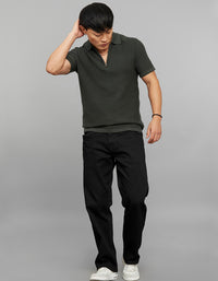 Off White Polo Neck Half Sleeves Flatknit Half Button Front