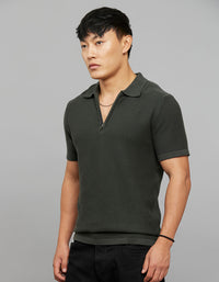 Off White Polo Neck Half Sleeves Flatknit Half Button Front