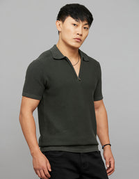 Dark Green Polo Neck Half Sleeves Flatknit Half Zipper Front