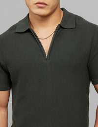 Dark Green Polo Neck Half Sleeves Flatknit Half Zipper Front