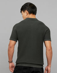 Off White Polo Neck Half Sleeves Flatknit Half Button Front