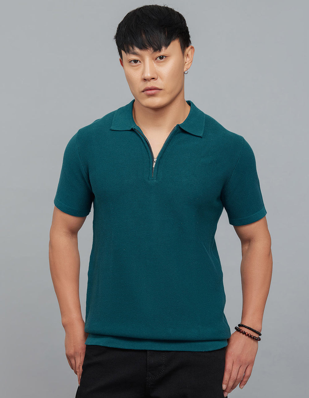 Legion Blue Polo Neck Half Sleeves Flatknit Half Zipper Front