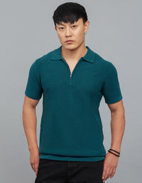 Legion Blue Polo Neck Half Sleeves Flatknit Half Zipper Front