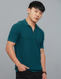 Legion Blue Polo Neck Half Sleeves Flatknit Half Zipper Front