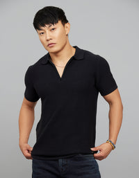 Jet Black Polo Neck Half Sleeves Flatknit Half Zipper Front
