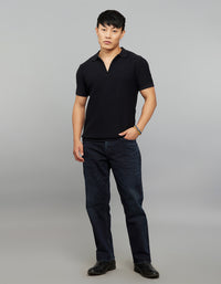 Jet Black Polo Neck Half Sleeves Flatknit Half Zipper Front