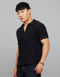 Jet Black Polo Neck Half Sleeves Flatknit Half Zipper Front