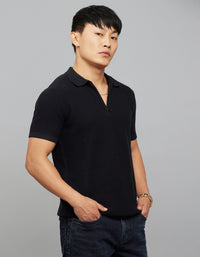 Jet Black Polo Neck Half Sleeves Flatknit Half Zipper Front