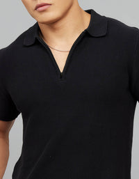 Jet Black Polo Neck Half Sleeves Flatknit Half Zipper Front