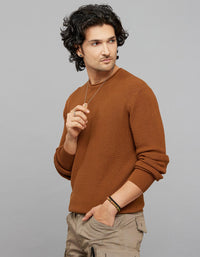 Brown Round Neck Full Sleeves Flatknit