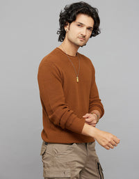 Brown Round Neck Full Sleeves Flatknit