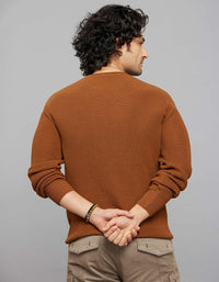 Brown Round Neck Full Sleeves Flatknit