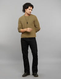 Dark Olive Round Neck Full Sleeves Flatknit