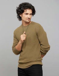 Dark Olive Round Neck Full Sleeves Flatknit