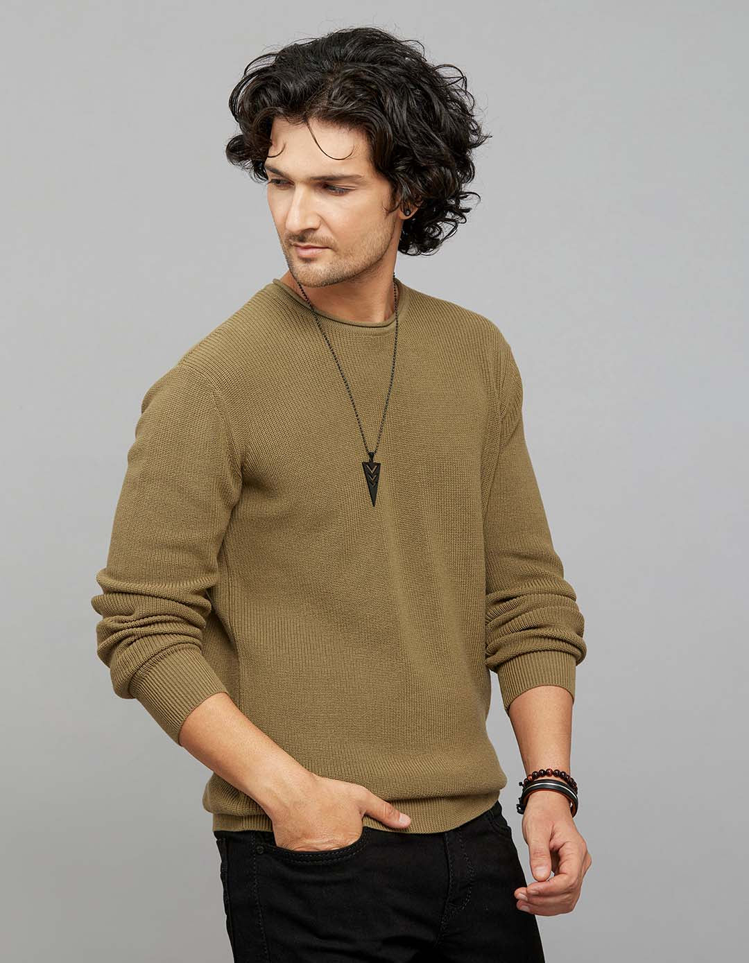 Men's Olive Round Neck Long Sleeves Cotton Pullover