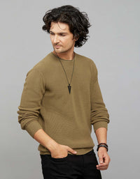 Dark Olive Round Neck Full Sleeves Flatknit